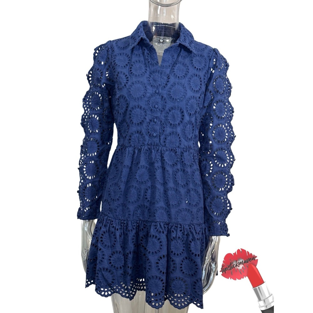 Figue Isabella Dress Womens Medium Navy Blue Eyelet Mini Preppy Western